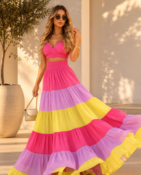 Conjunto Saia Longa Multicolor com Cropped Top
