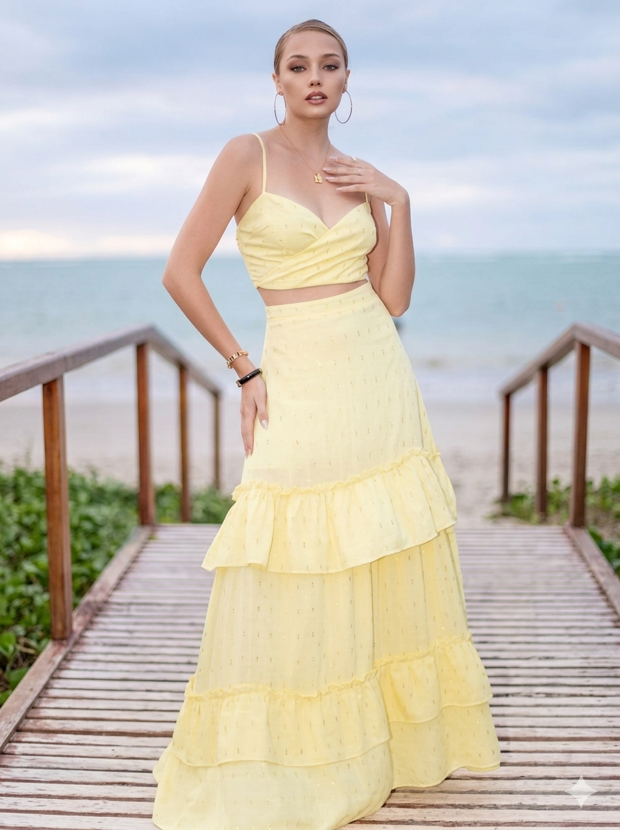 Conjunto Saia Longa com Babados e Cropped Poema - Imagem 4
