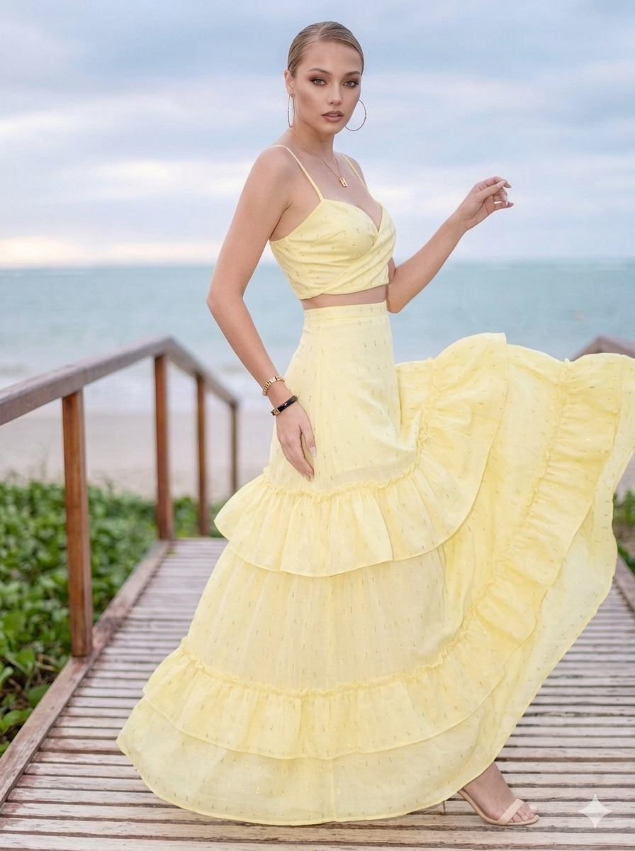 Conjunto Saia Longa com Babados e Cropped Poema - Imagem 3
