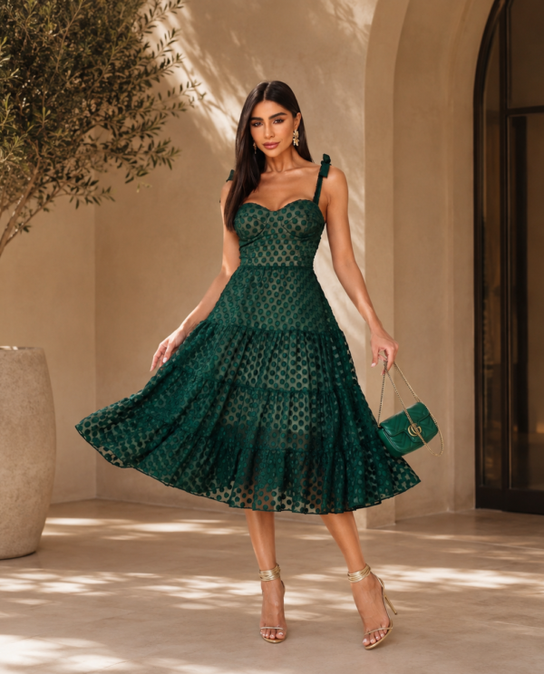 Vestido Midi Alça Amarração Poá