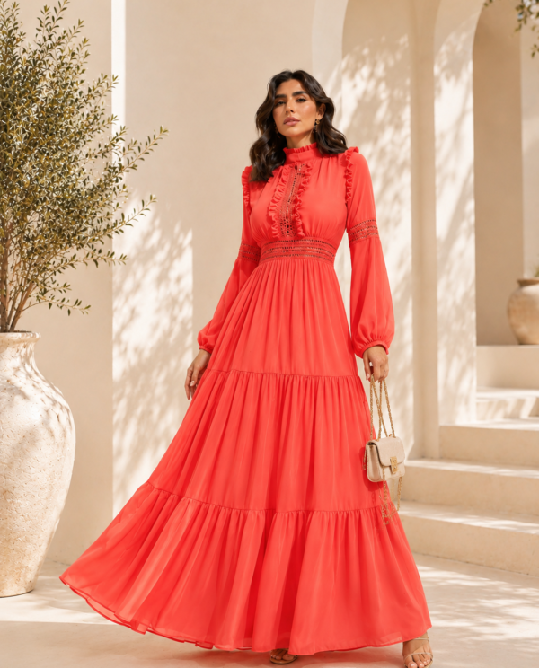 Vestido Longo em Seda com Renda