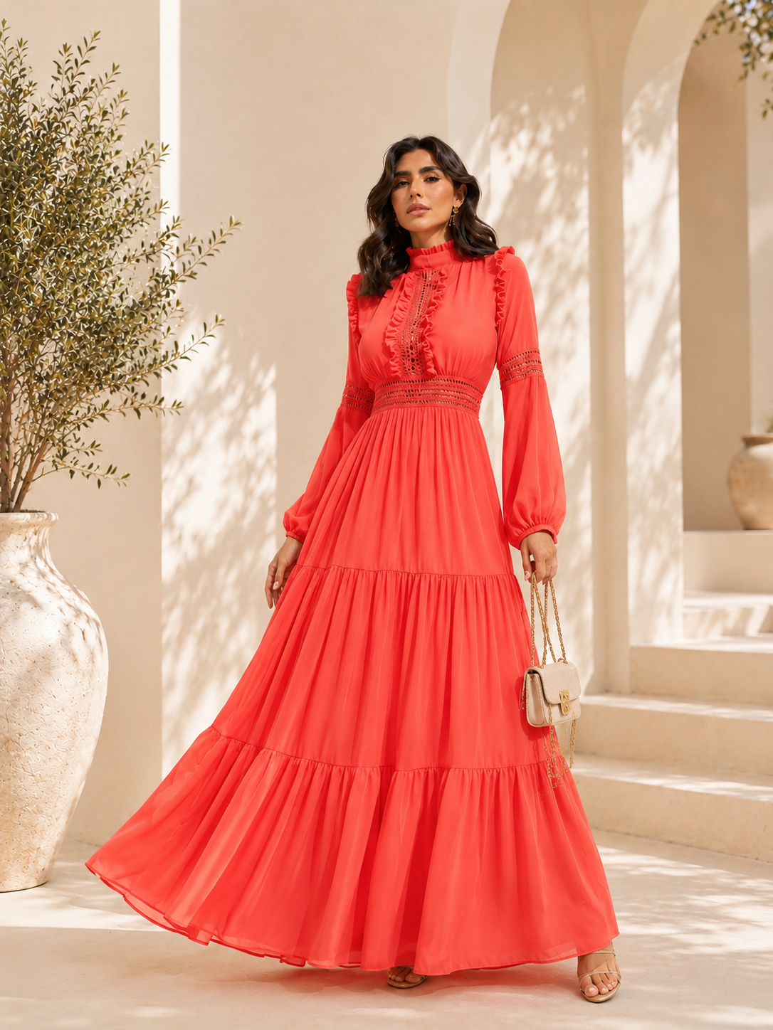 Vestido Longo em Seda com Renda