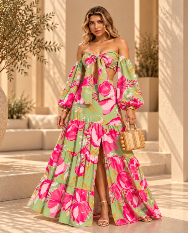 Conjunto Saia Longa com Fenda e Cropped Estampado