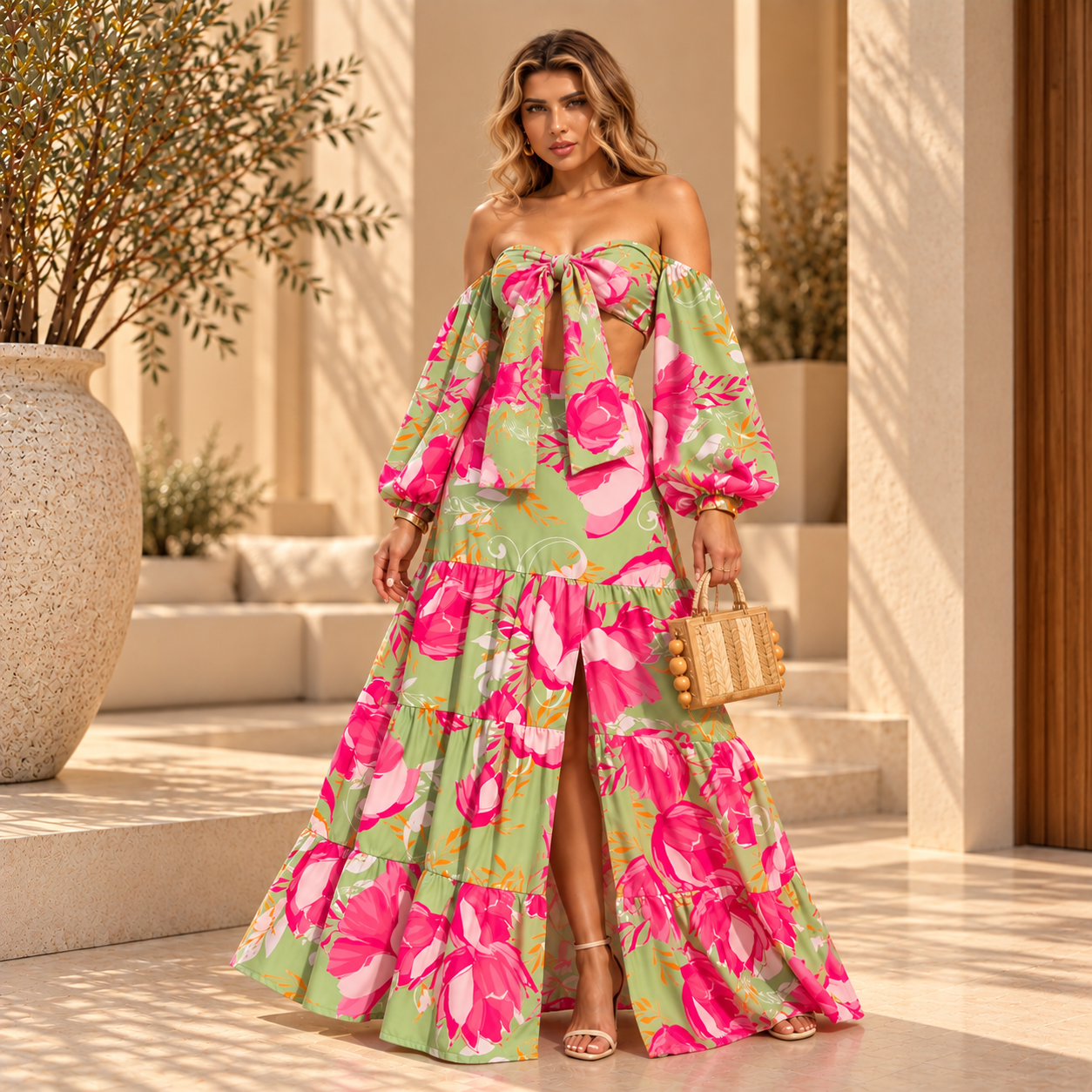 Conjunto Saia Longa com Fenda e Cropped Estampado