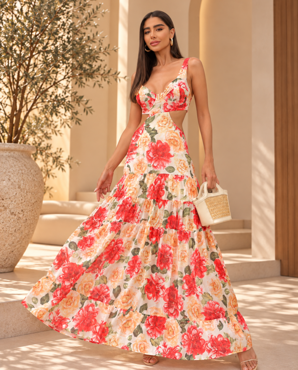 Vestido Midi Alongado Recorte na Lateral Floral