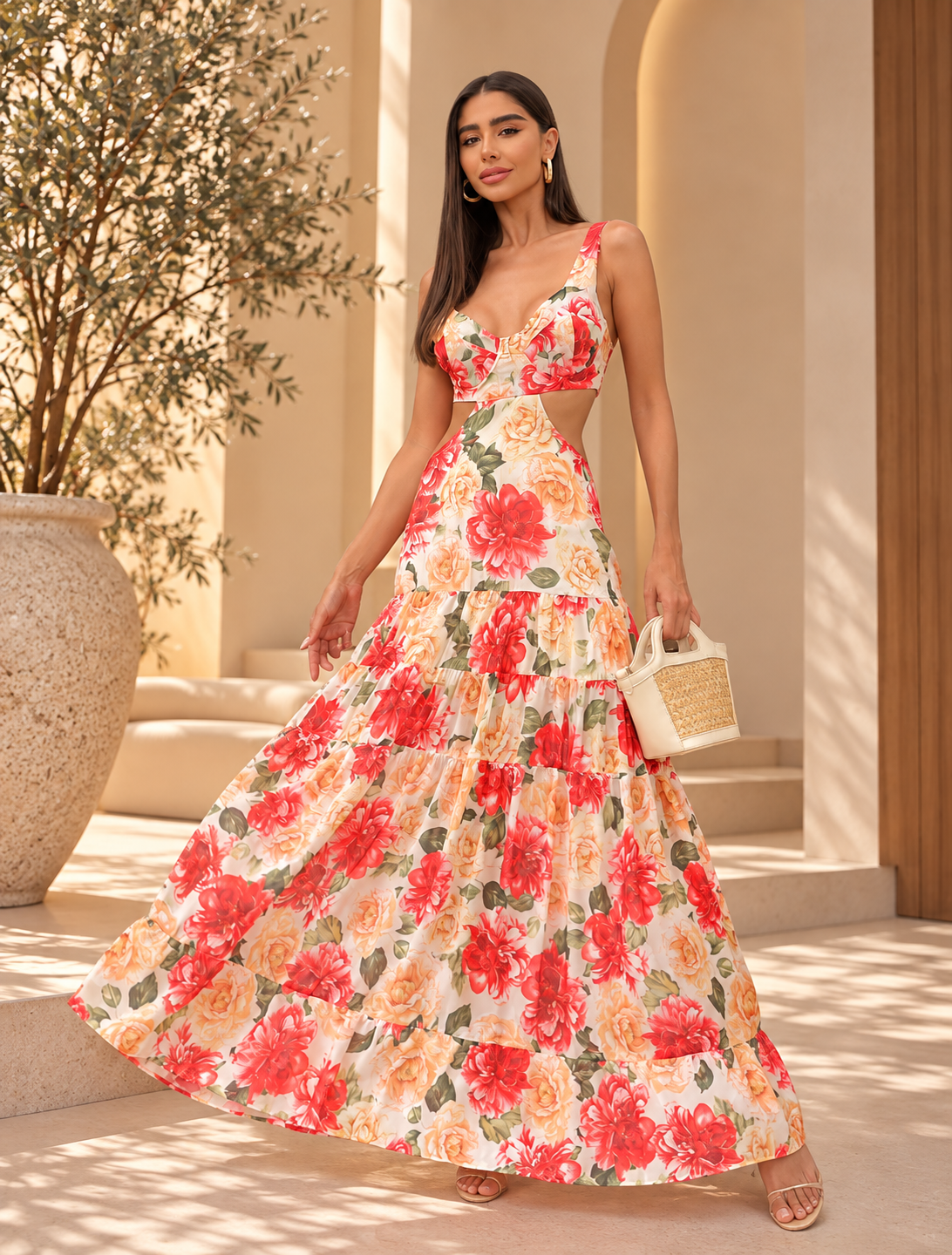 Vestido Midi Alongado Recorte na Lateral Floral