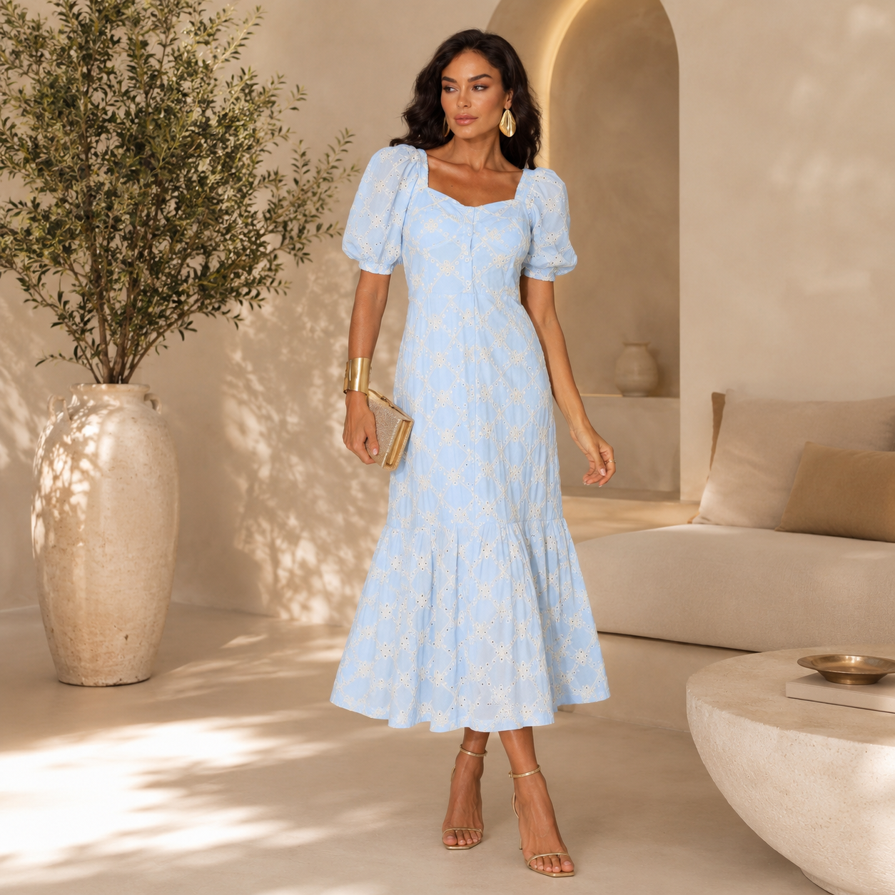Vestido Midi de Algodão Bordado