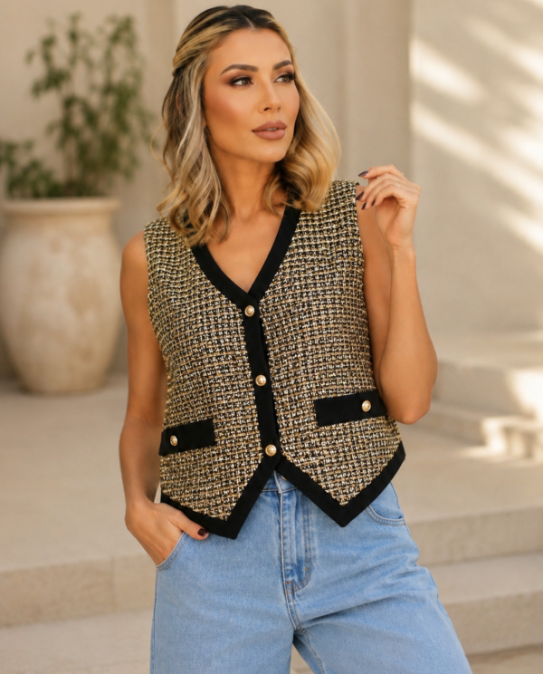 Colete Tweed com Detalhe Preto Loub