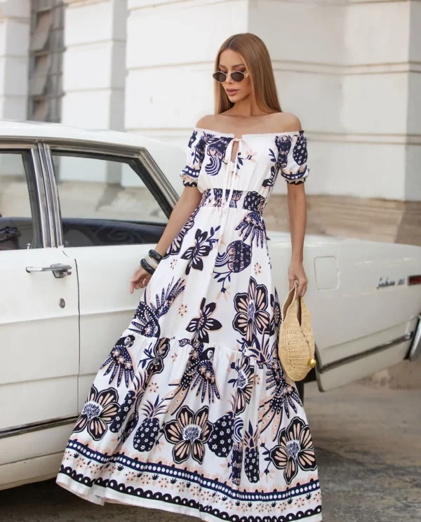 Vestido Longo Ombro a Ombro Estampado