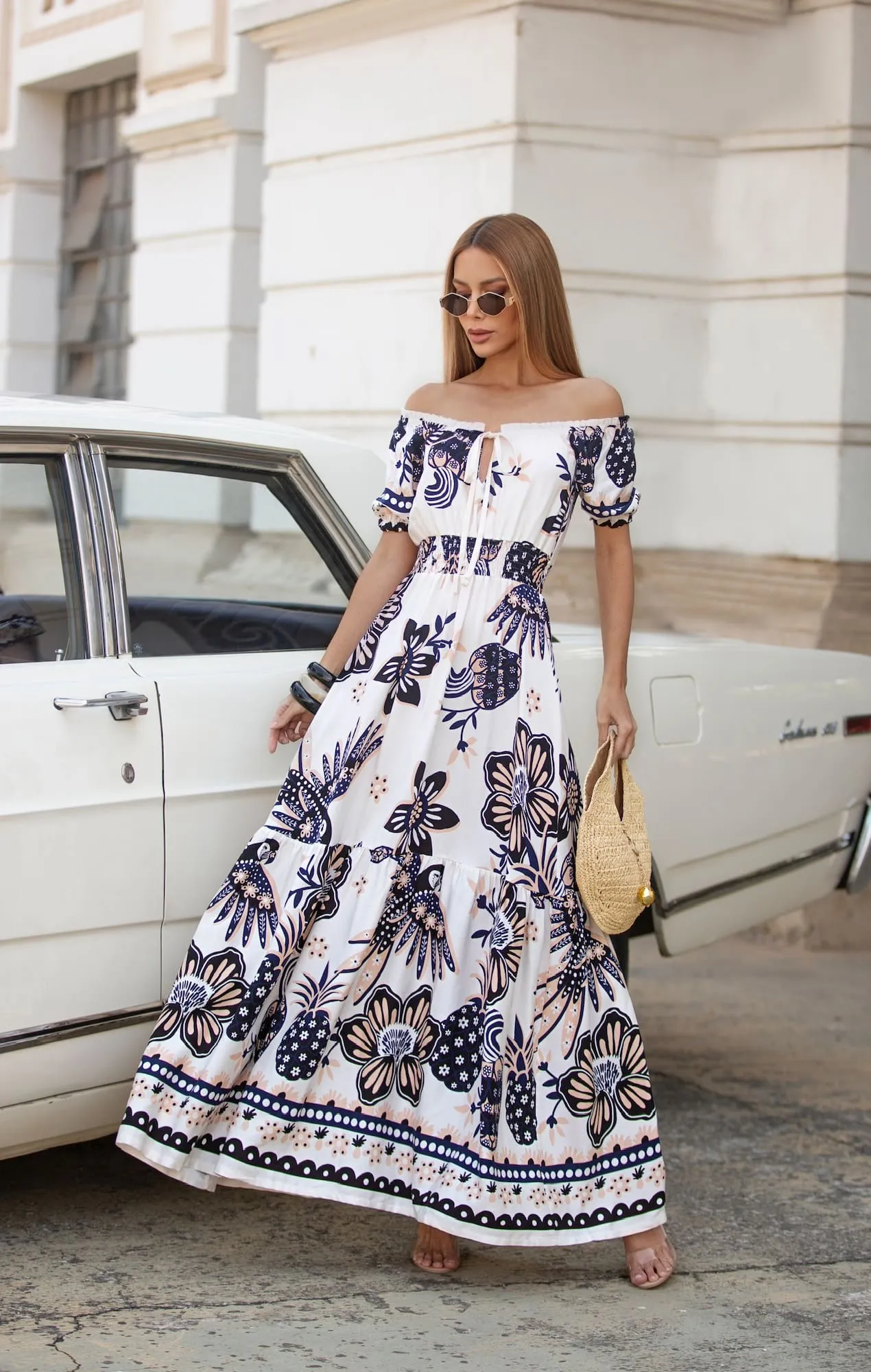 Vestido Longo Ombro a Ombro Estampado