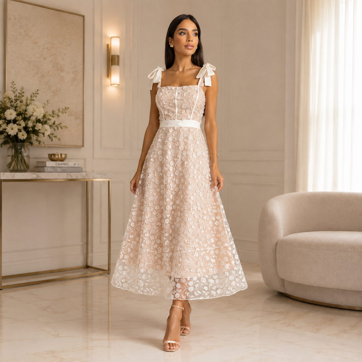 Vestido Midi Alongado com Renda