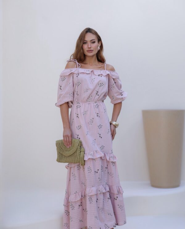 Vestido Longo de Algodão Maquinetado Bordado