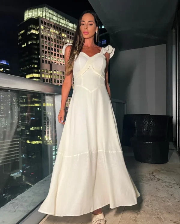 Vestido Midi Alongado Linho com Alça Babado