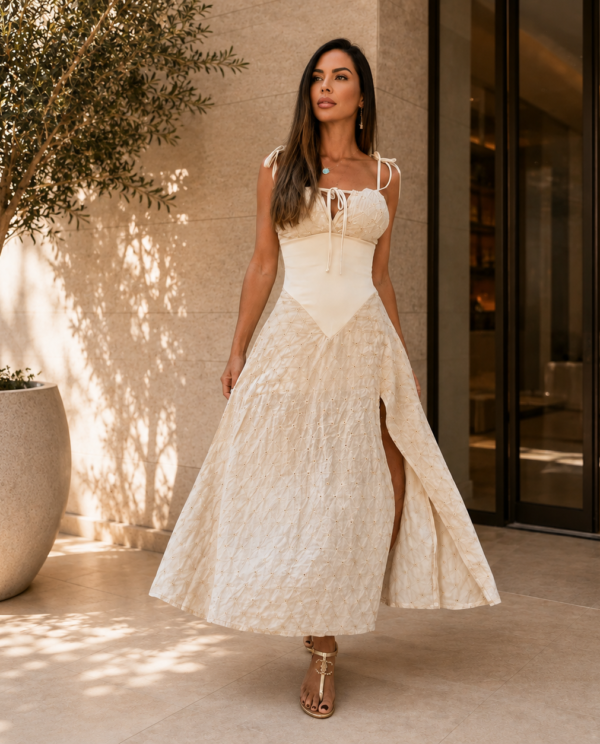 Vestido Midi em Laise com Fenda