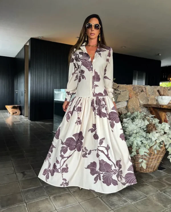 Vestido Longo Floral com Manga
