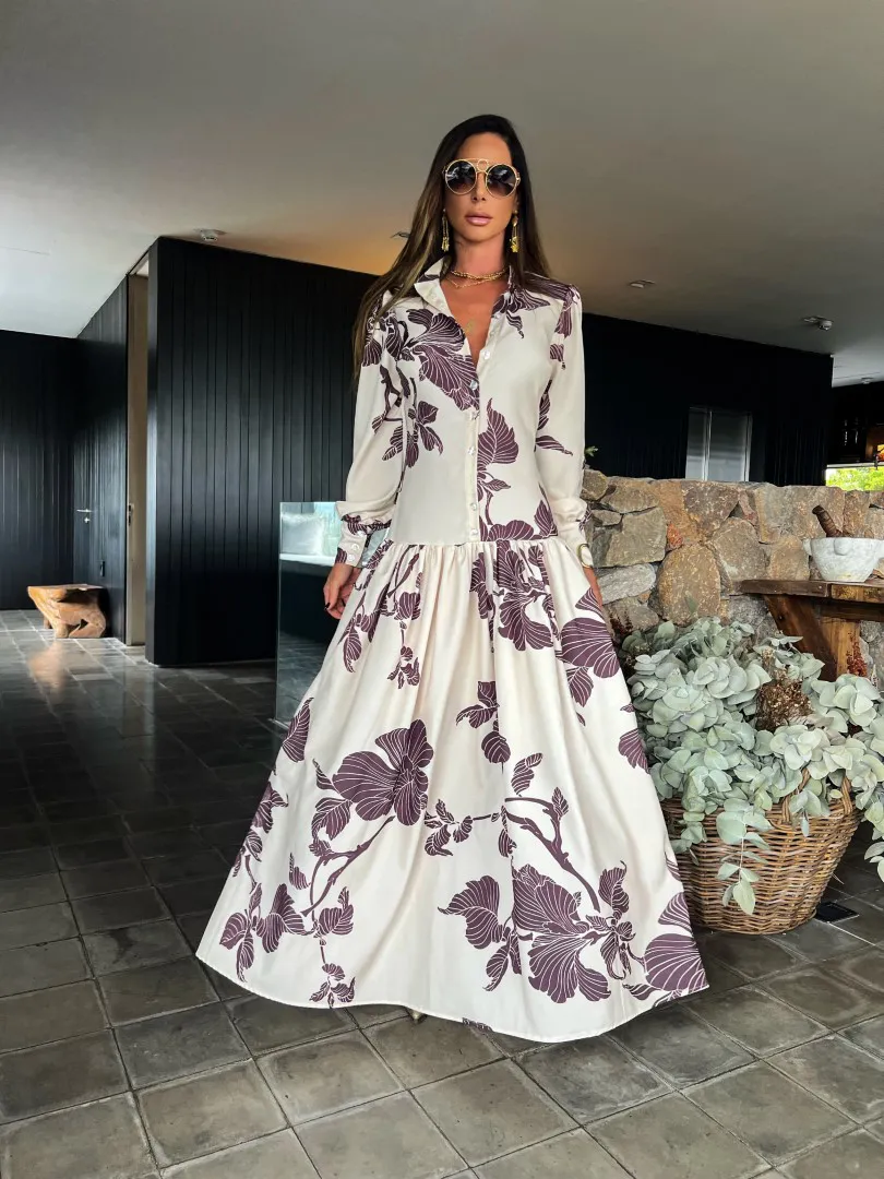 Vestido Longo Floral com Manga