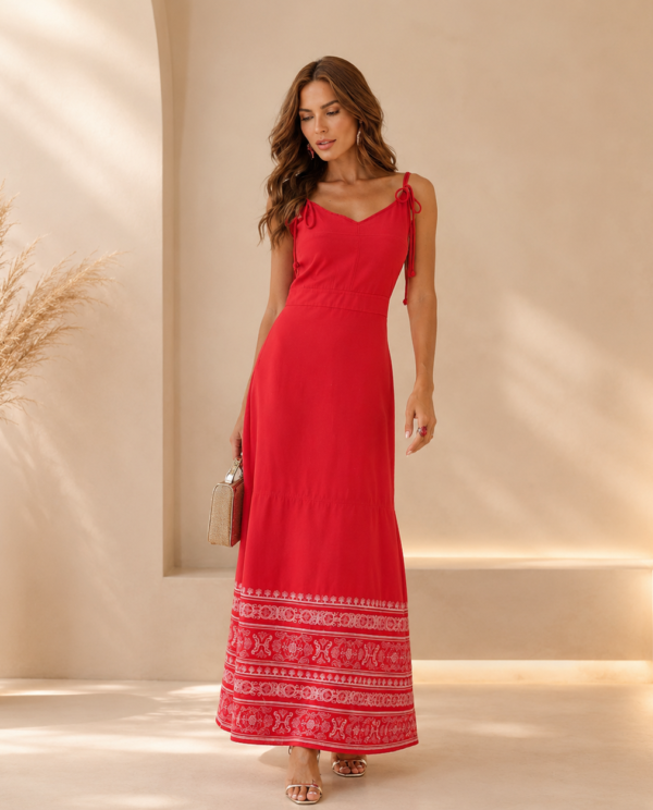 Vestido Algodão Bordado Alça Amarração