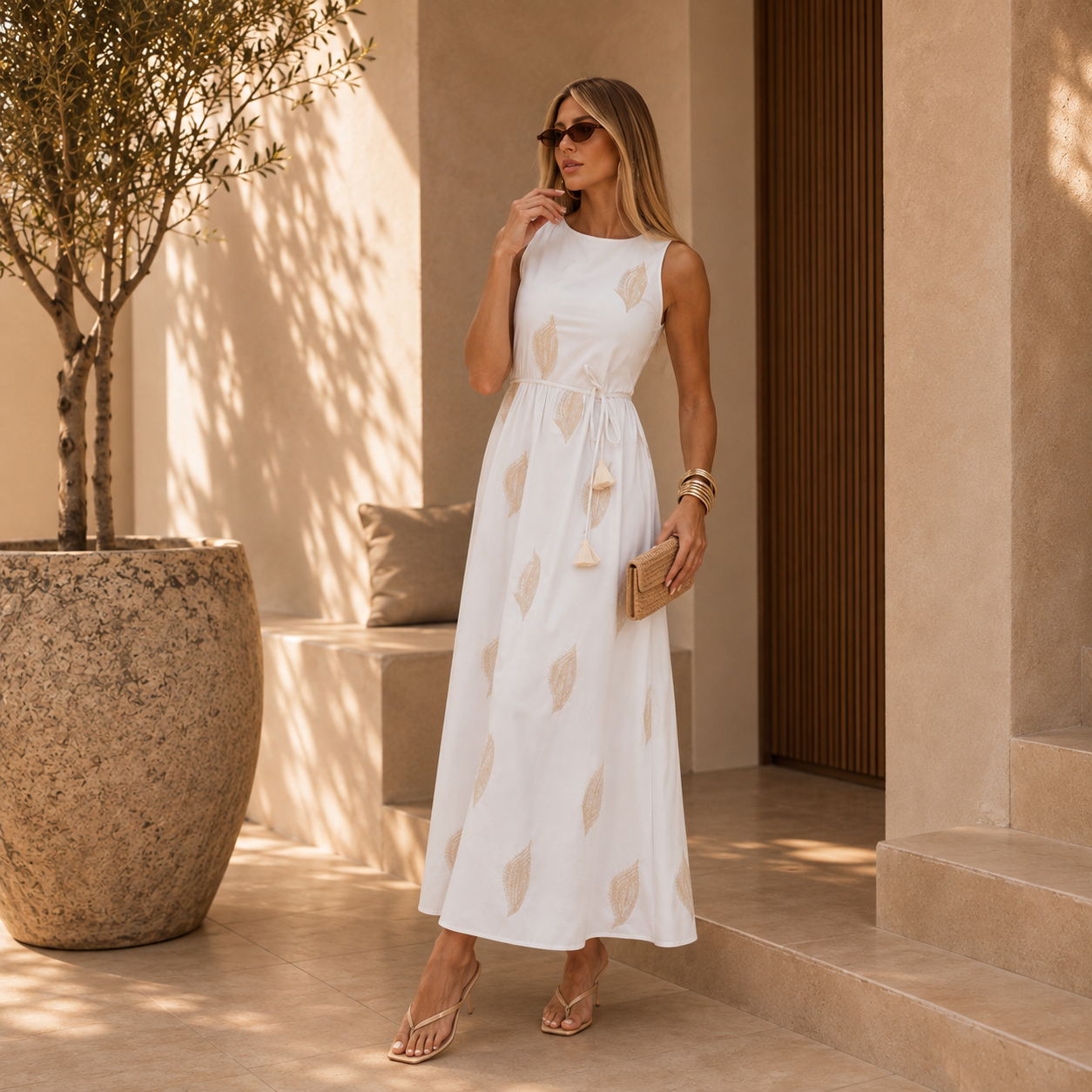 Vestido Longo de Algodão Bordado