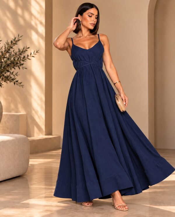 Vestido Longo Viscose Alça Fina Costas Profunda